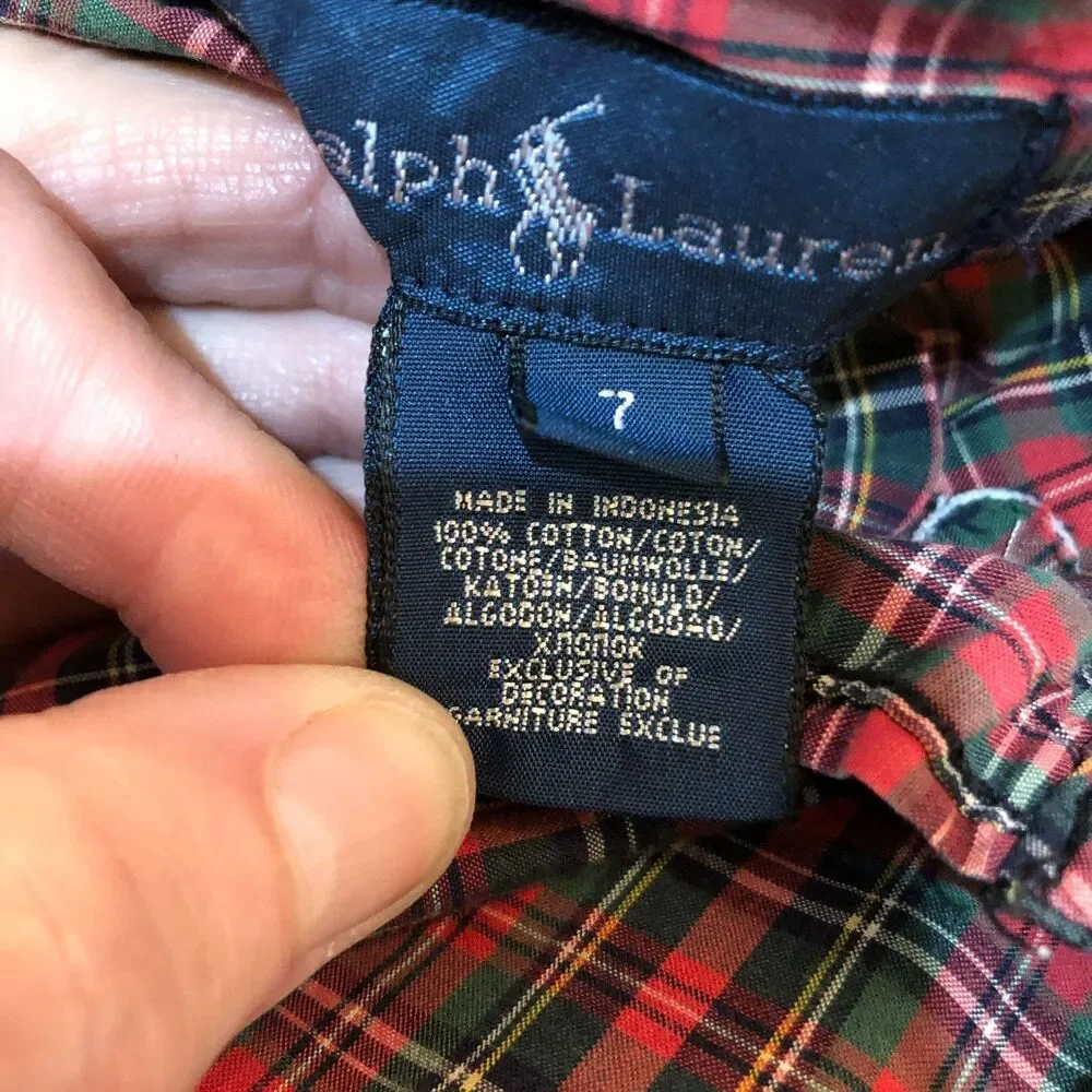 Ralph Lauren Boys Size 7 Red Green Plaid Button-Up Shirt Top Christmas Holiday